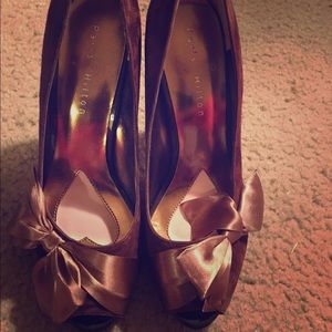 Paris Hilton Brown Suede peep toe pumps with Bow.